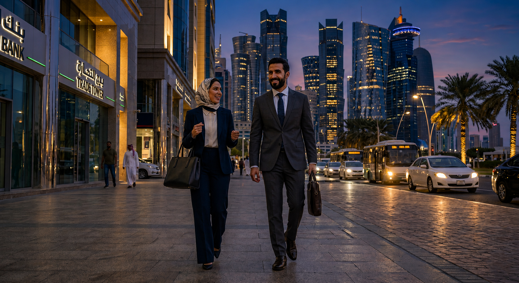 Arab business professionals walking through a Gulf financial district at dusk representing enterprise activity across the MENA region