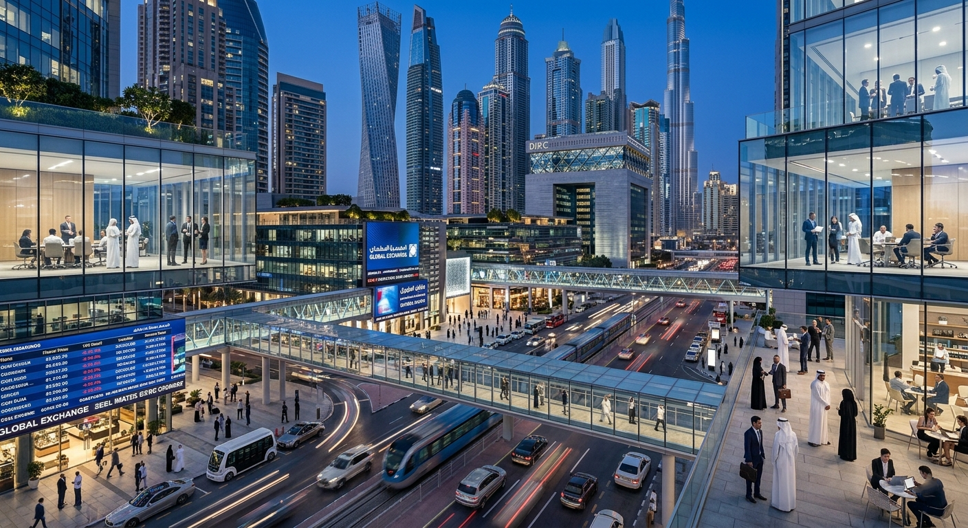 Multilingual business professionals and Emirati executives at a busy financial district in Dubai with the DIFC skyline in the background