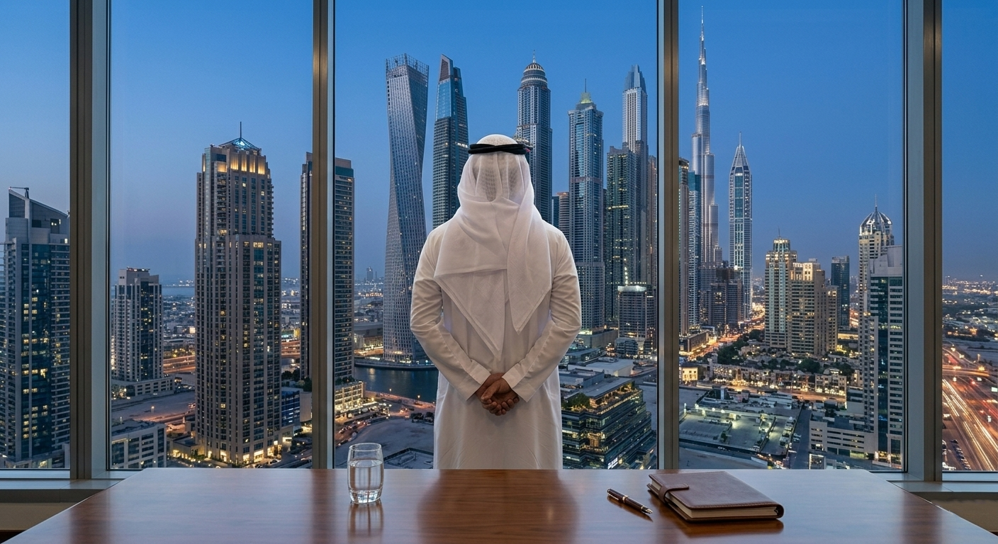 Emirati business executive overlooking the Dubai skyline including Burj Khalifa from a high-rise office