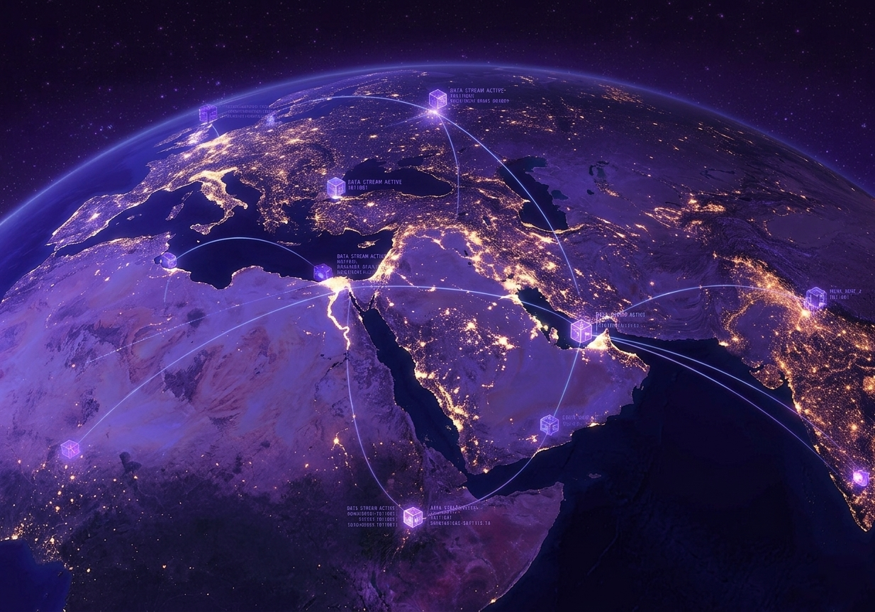 Digital connectivity map of the Middle East and North Africa region showing KalaMena AI voice agent deployment across MENA enterprise markets