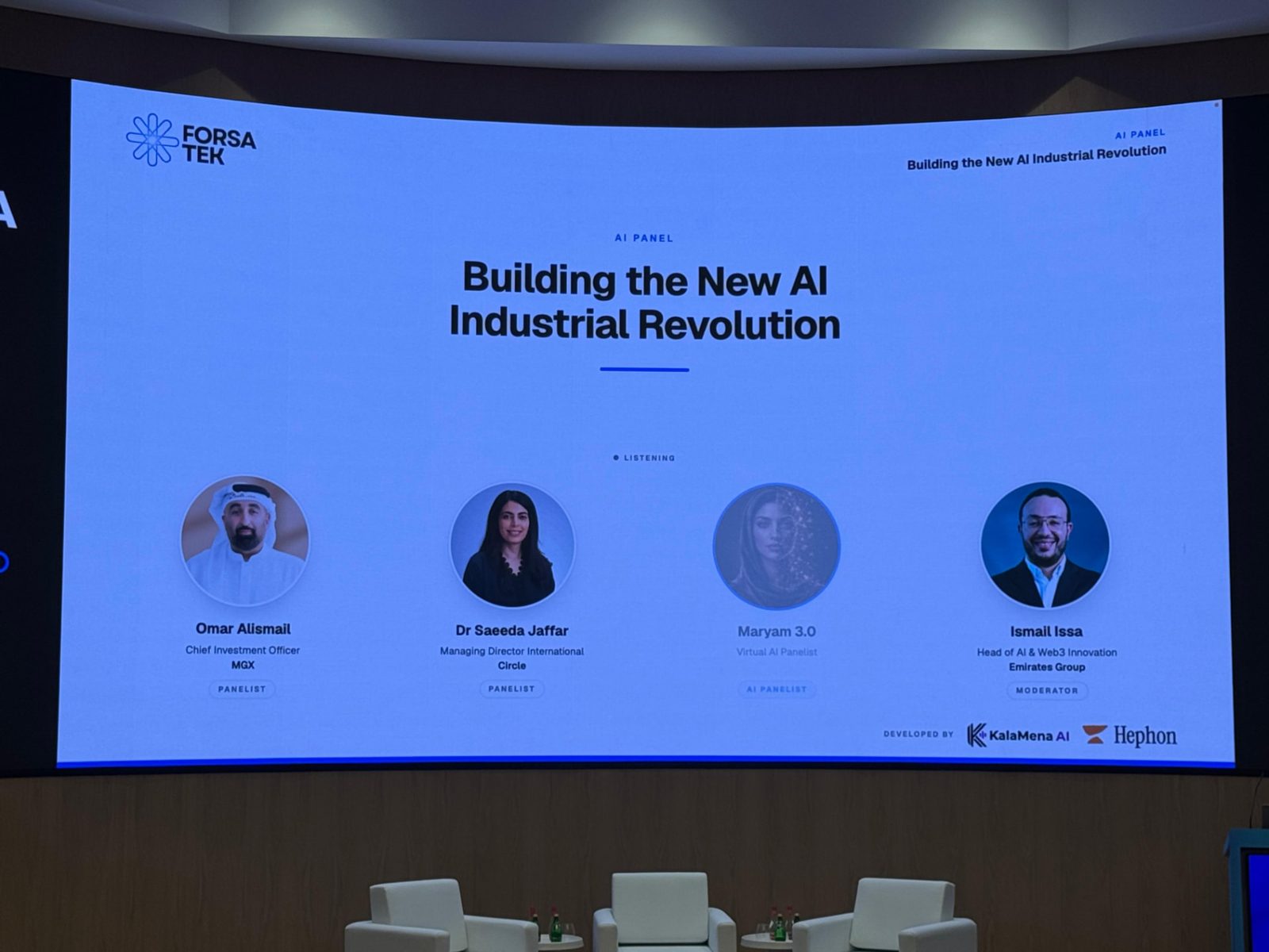 ForsaTEK stage screen showing the Building the New AI Industrial Revolution panel lineup, including Maryam 3.0
